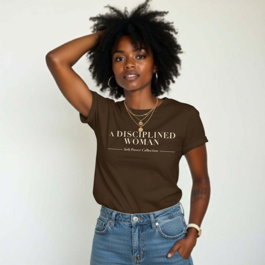 Woman wearing a brown t-shirt with 'A Disciplined Woman' text, standing against a plain background